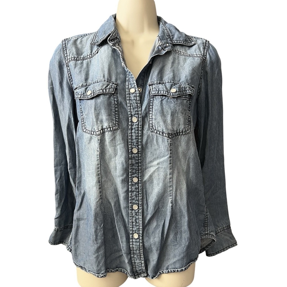 Overdrive Clothing Womens Small Western Denim Snap Button Down Shirt Blue Cotton